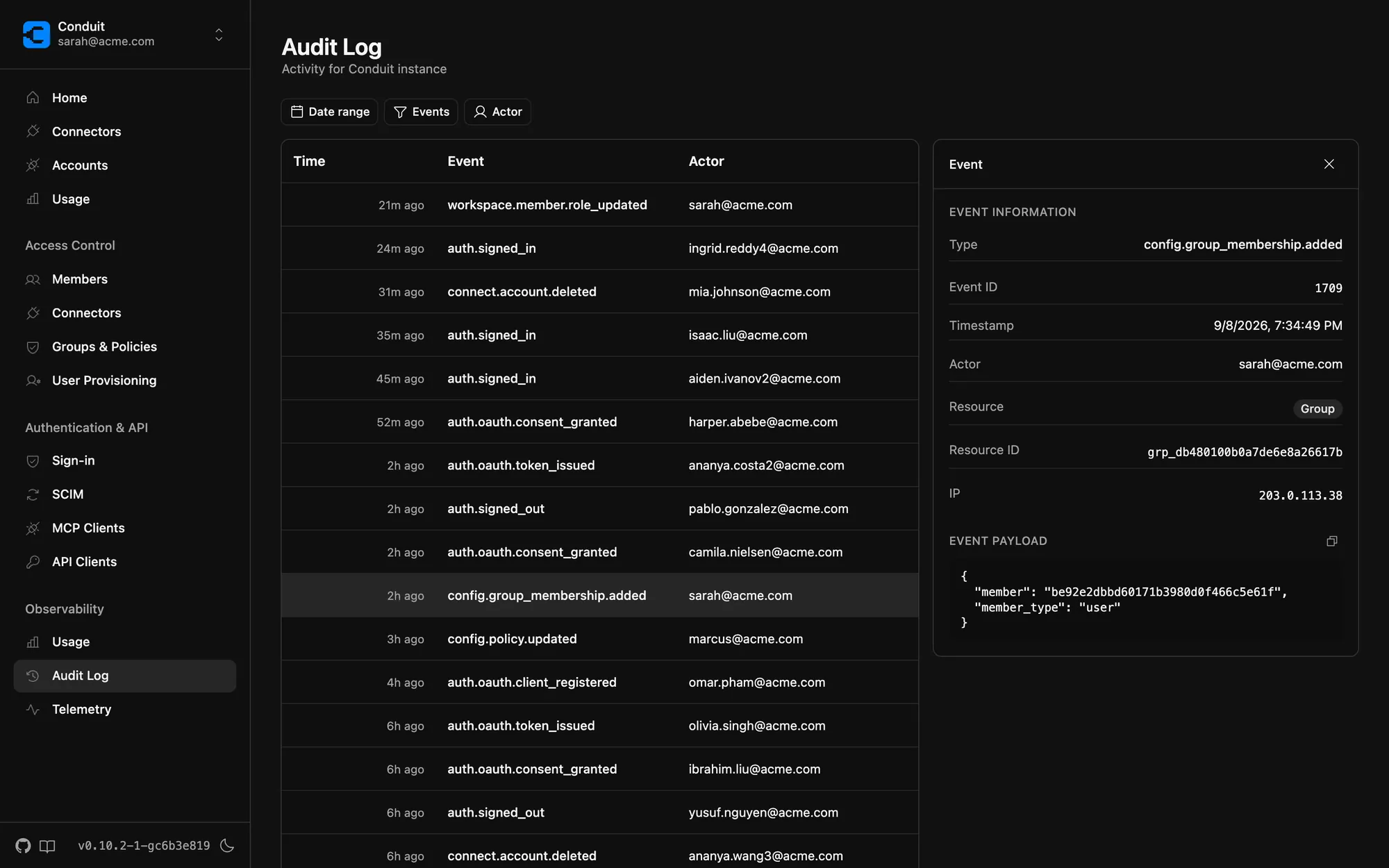 The Conduit audit trail: a filterable log of sign-ins, policy changes, and tool calls with per-event payload detail
