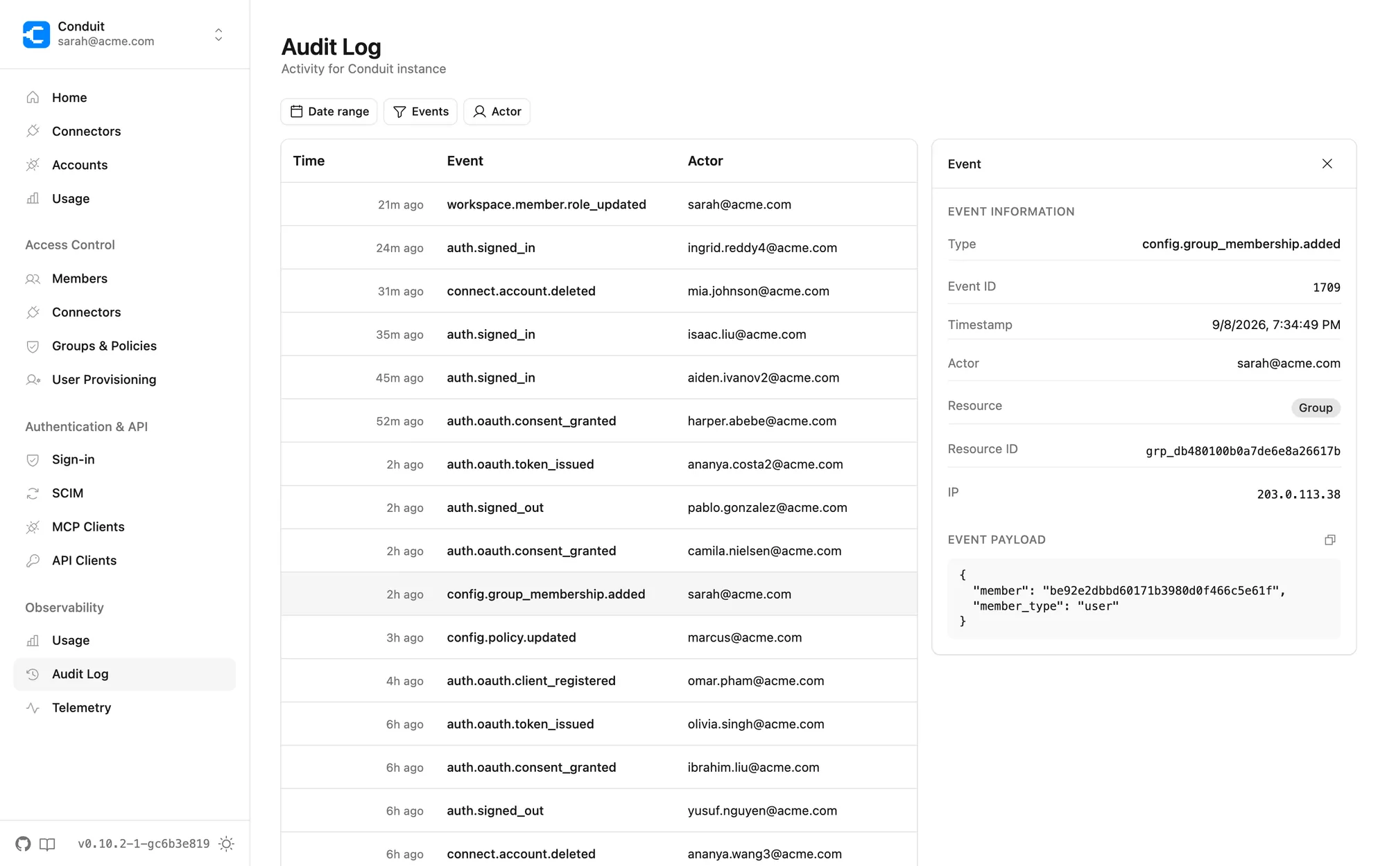 The Conduit audit trail: a filterable log of sign-ins, policy changes, and tool calls with per-event payload detail