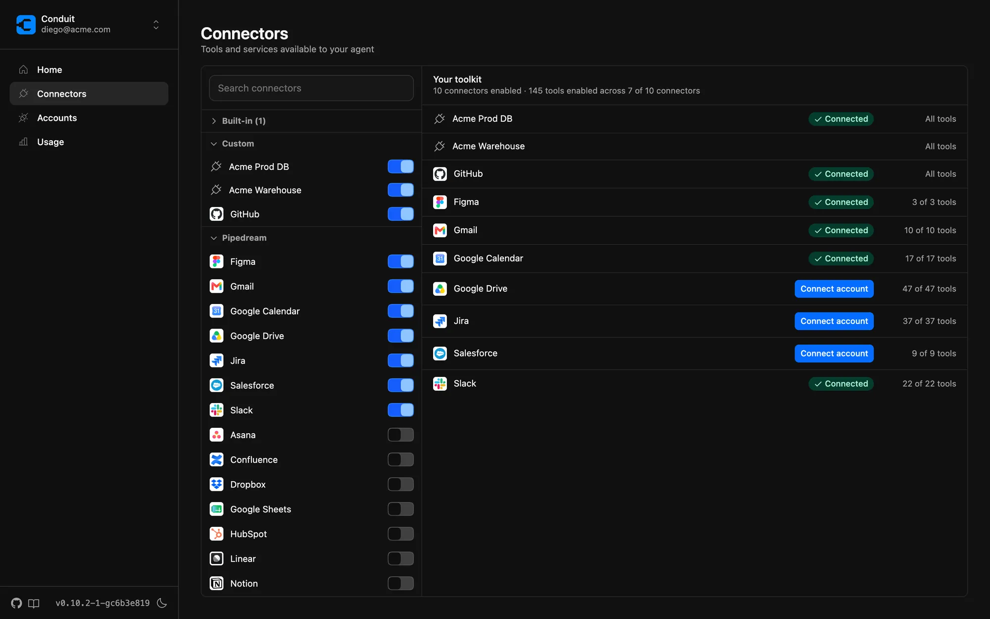 The Conduit connectors catalog with per-connector enable toggles
