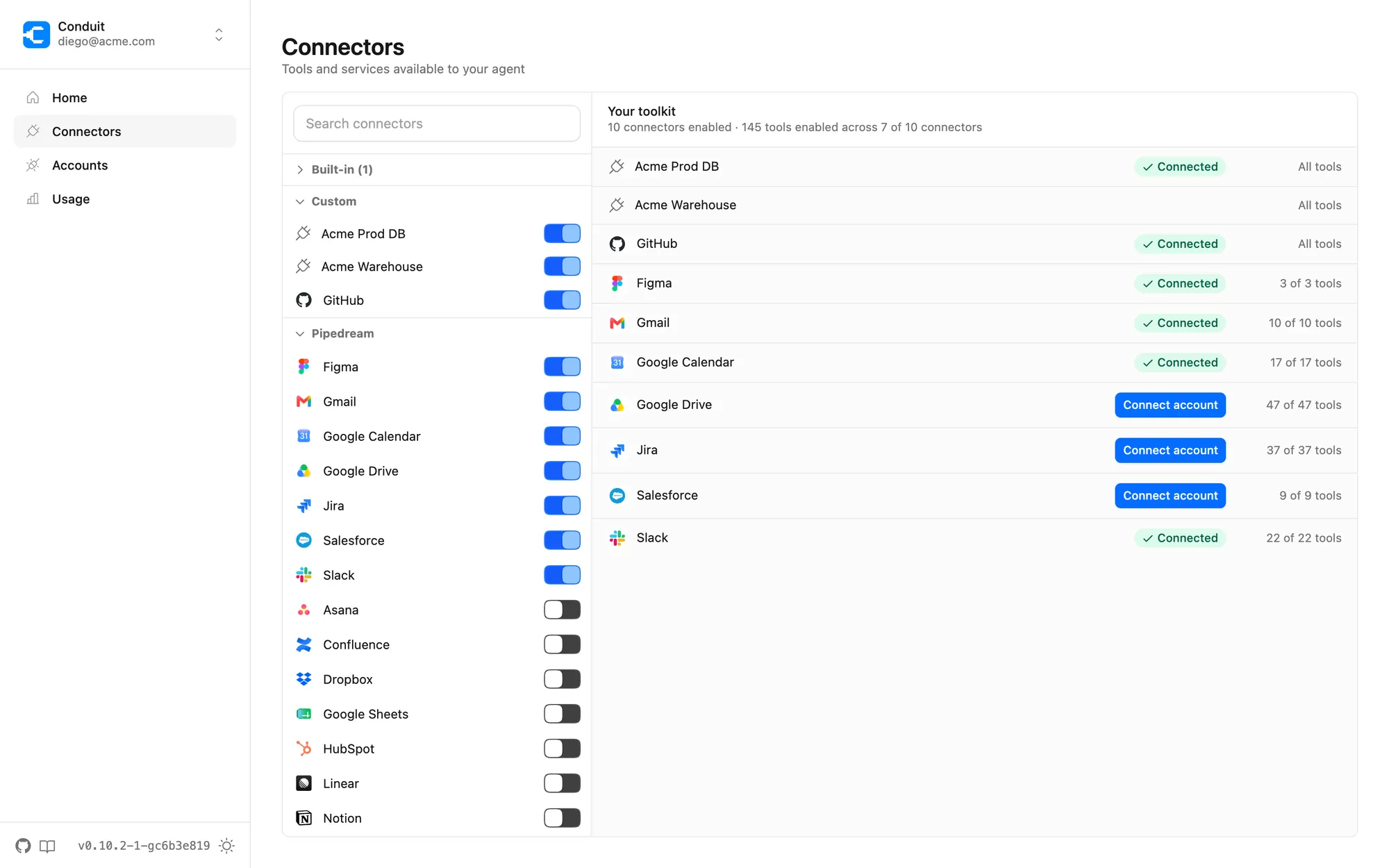 The Conduit connectors catalog with per-connector enable toggles