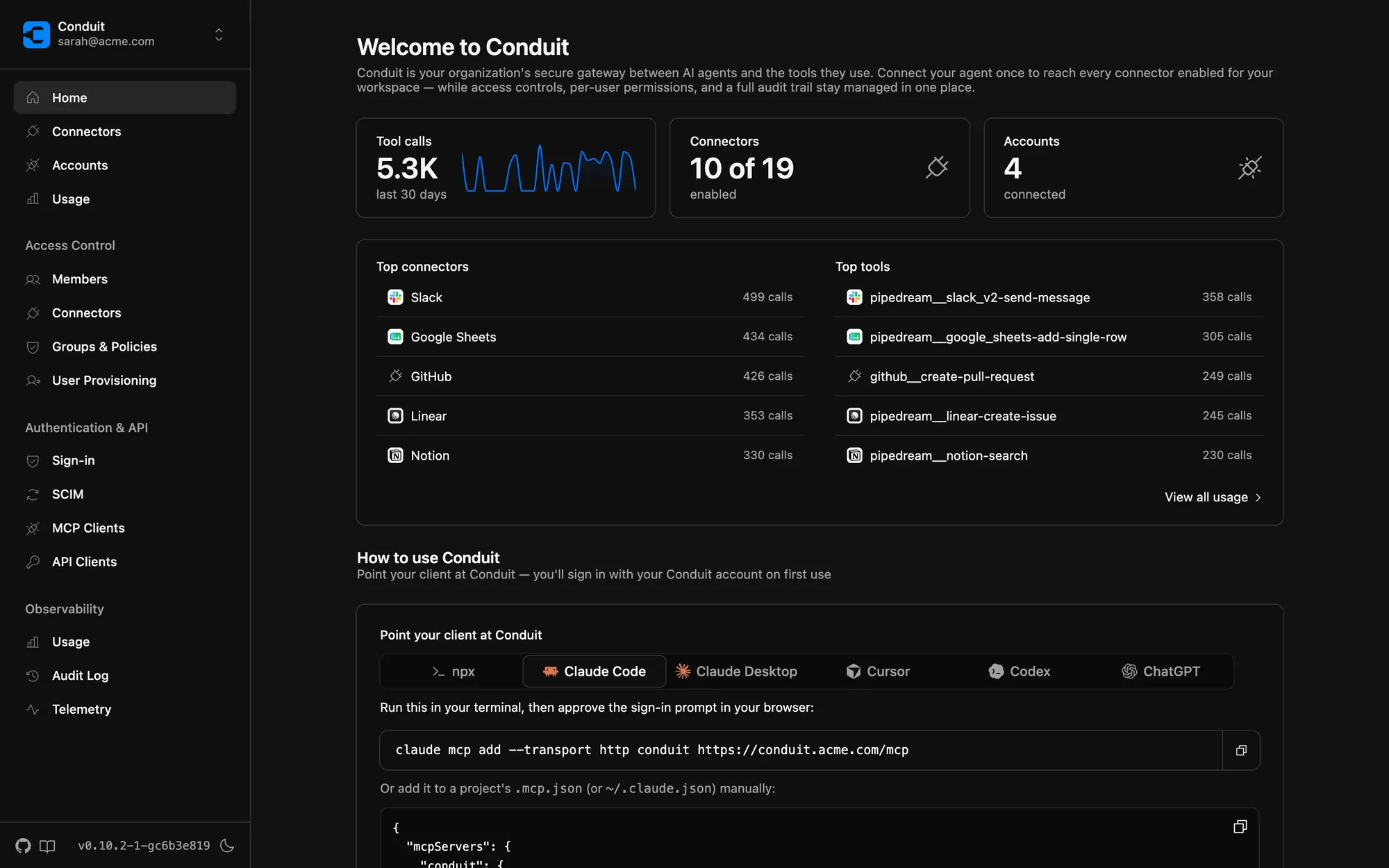 Conduit dashboard showing tool call volume, top connectors, and agent setup for a workspace