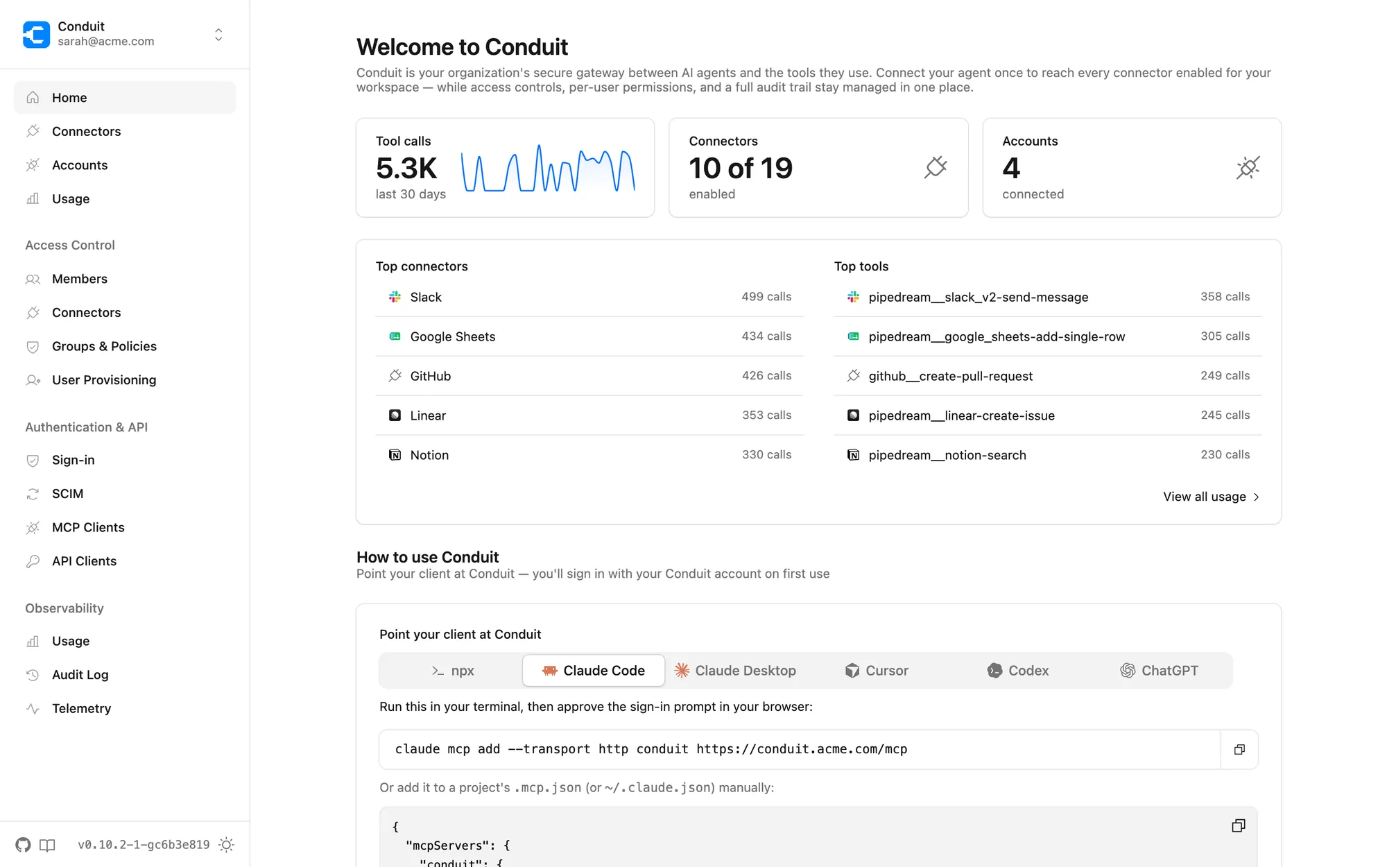 Conduit dashboard showing tool call volume, top connectors, and agent setup for a workspace