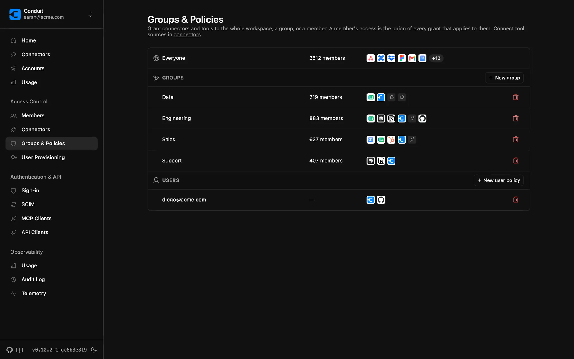 Access policies in Conduit: connectors and individual tools granted to the workspace, groups, and individual members