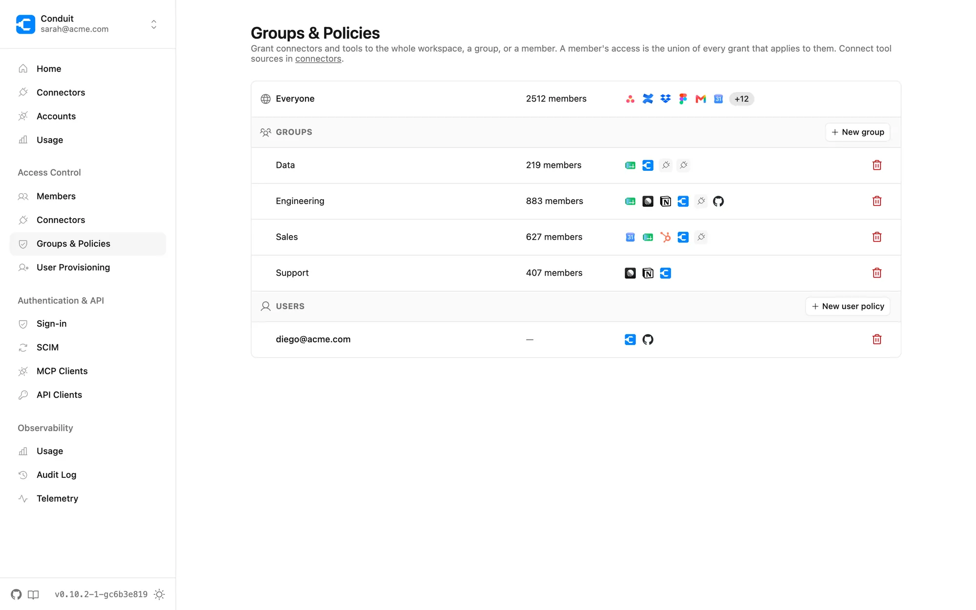 Access policies in Conduit: connectors and individual tools granted to the workspace, groups, and individual members