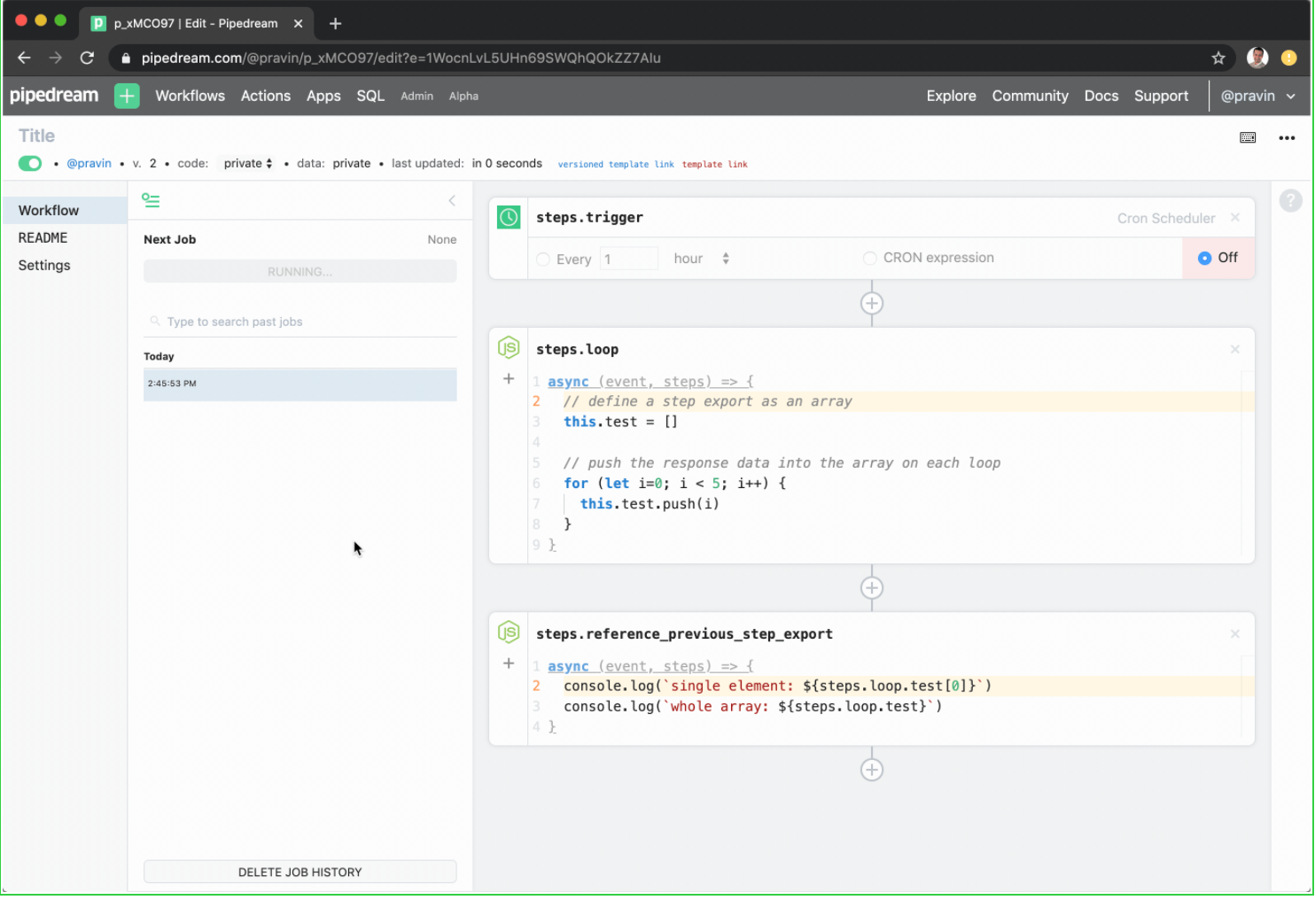 Export data from a loop