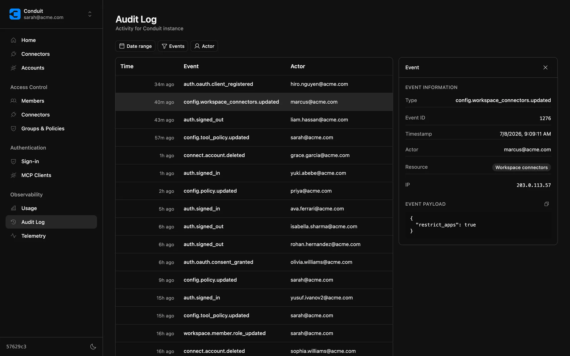 The Conduit audit trail: a filterable log of sign-ins, policy changes, and tool calls with per-event payload detail