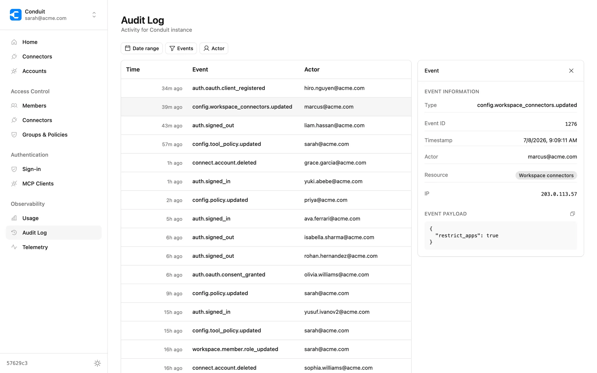 The Conduit audit trail: a filterable log of sign-ins, policy changes, and tool calls with per-event payload detail