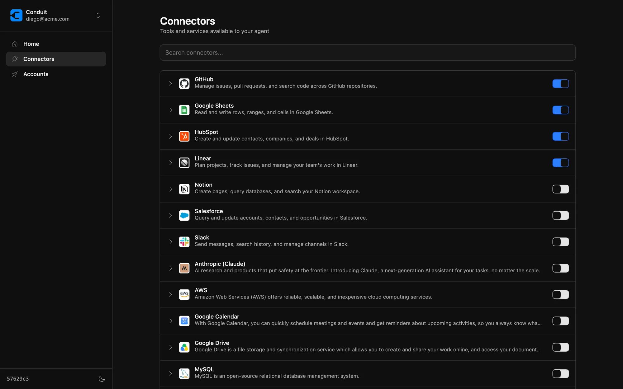 The Conduit connectors catalog with per-connector enable toggles