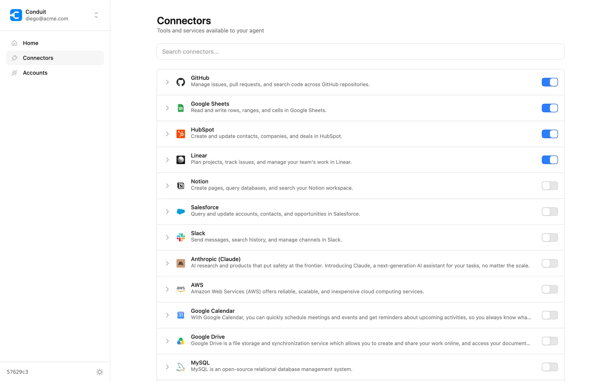 The Conduit connectors catalog with per-connector enable toggles
