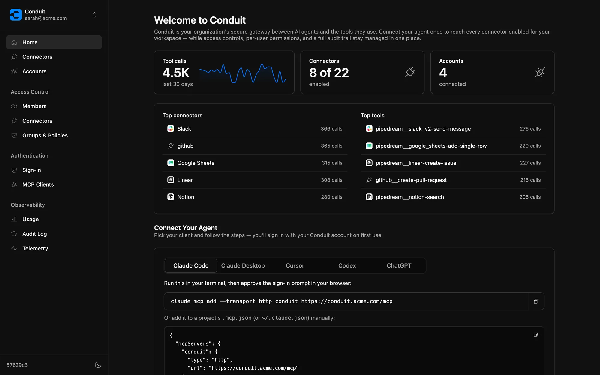 Conduit dashboard showing tool call volume, top connectors, and agent setup for a workspace