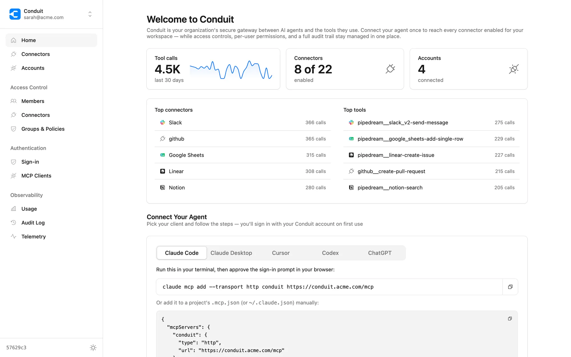 Conduit dashboard showing tool call volume, top connectors, and agent setup for a workspace