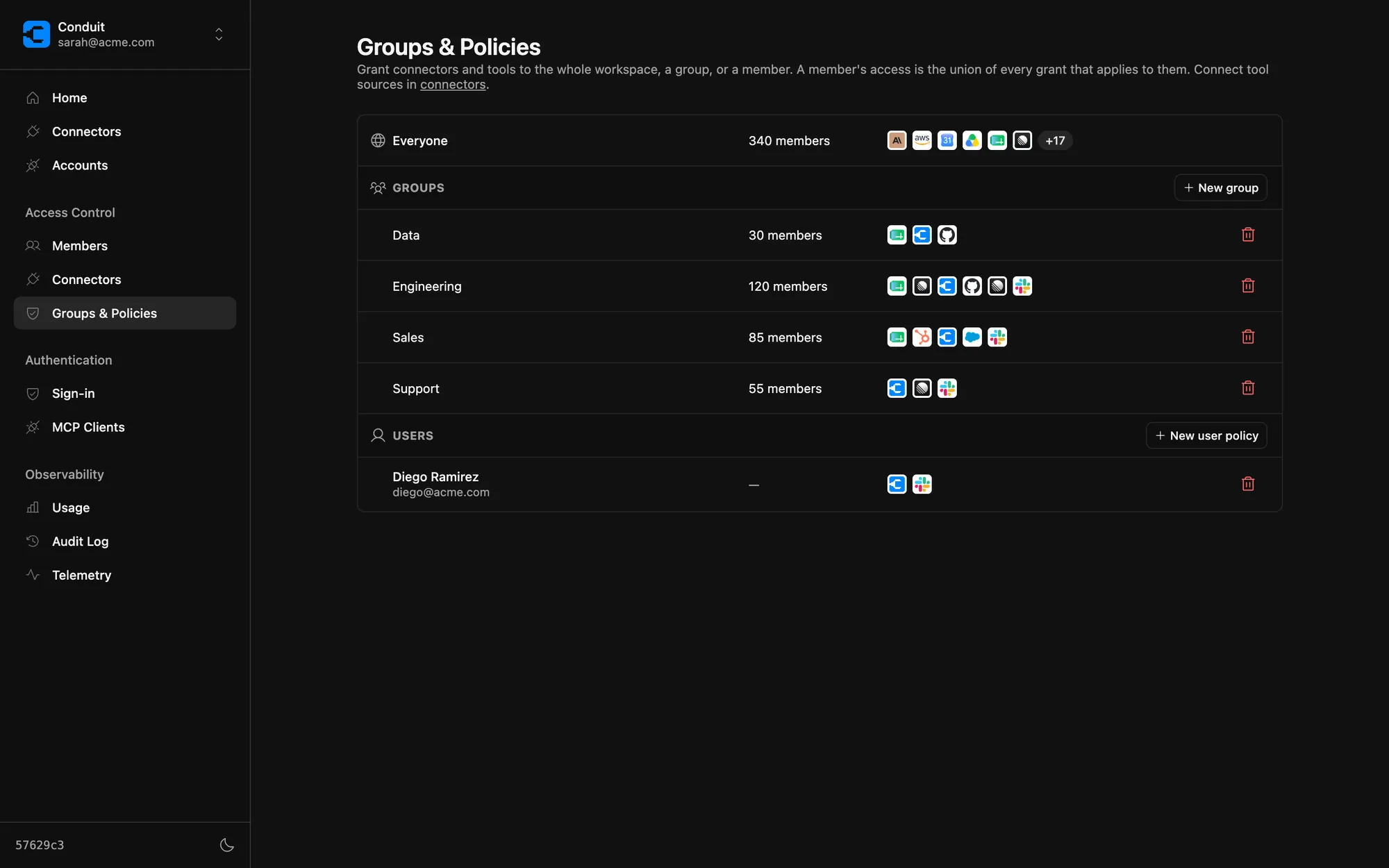 Access policies in Conduit: connectors and individual tools granted to the workspace, groups, and individual members