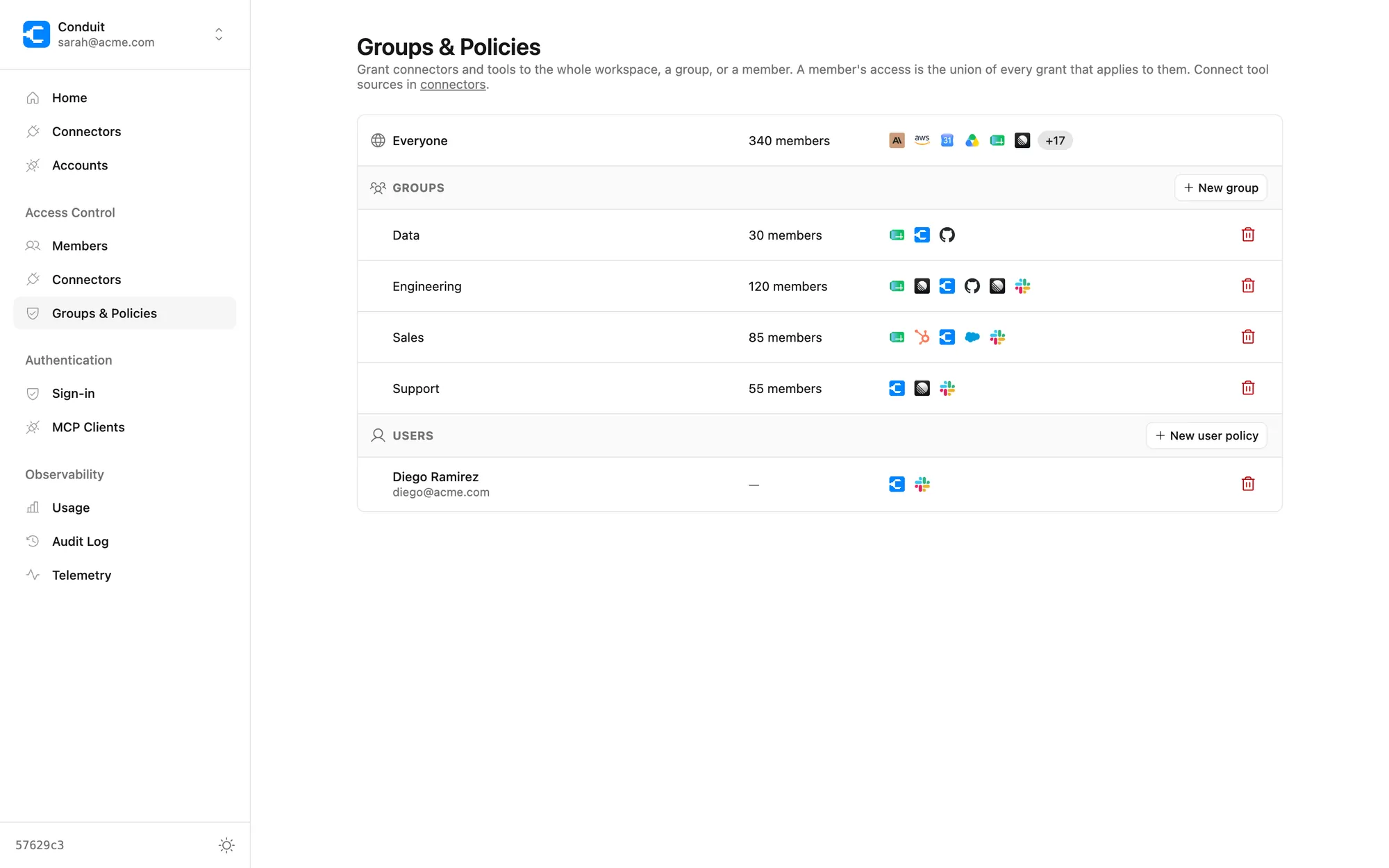 Access policies in Conduit: connectors and individual tools granted to the workspace, groups, and individual members
