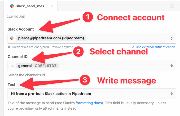 Configuring a Slack - Send Message to a Public Channel action
