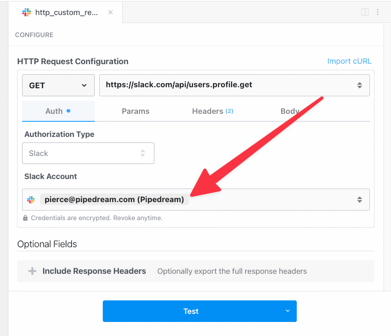 Connecting a Slack account to the http request action builder