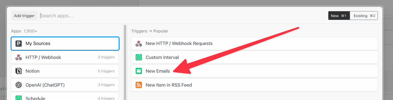 Selecting the new email trigger