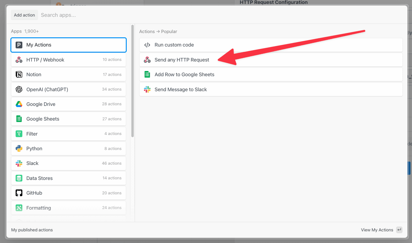 Selecting the HTTP request builder action from the step selector menu