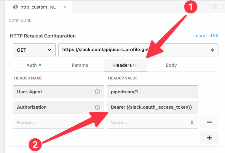 Showing how Pipedream passes the managed auth token to the header