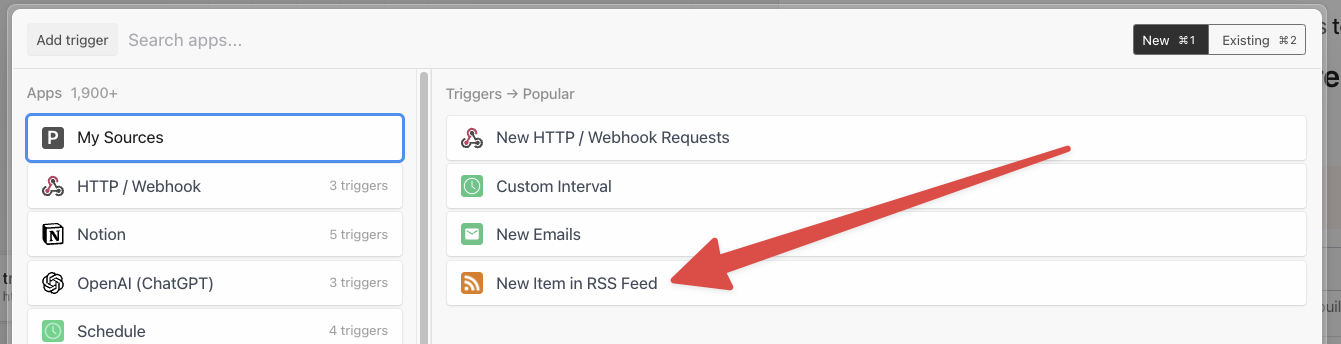 Selecting the RSS feed trigger