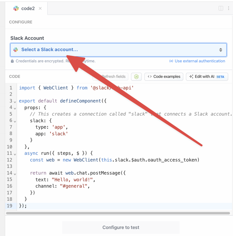 Connect a Slack account to a Node.js code step using a prop